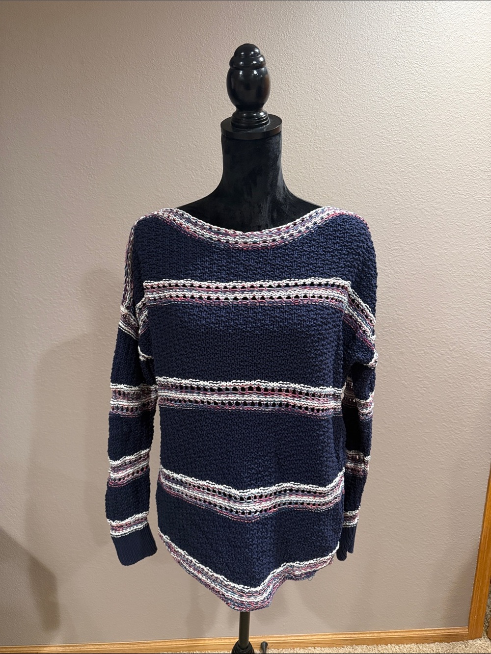 Eddie Bauer Navy Crewneck Sweater with White and Pink Stripes